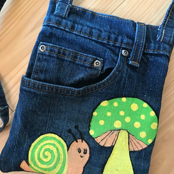 Handmade Crossbody Bag: Denim Cell Phone Holder, Whimsical Snail Mushroom Design - Picture 7 of 11
